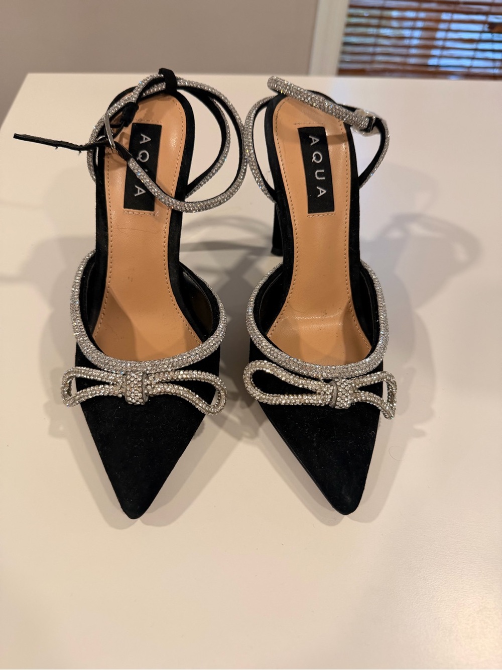 Aqua Black Pointed Toe Slingback Heels with Crystal Bow